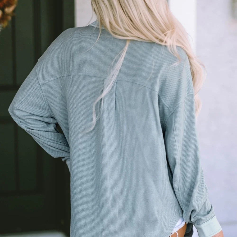 Sky Blue Waffle Knit Pocketed Button-Up Shacket‎